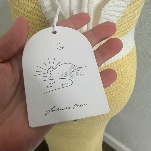 Fortunate One Yellow White Crochet Maxi Dress Lace Up Back Deep V Neck - Picture 8 of 10